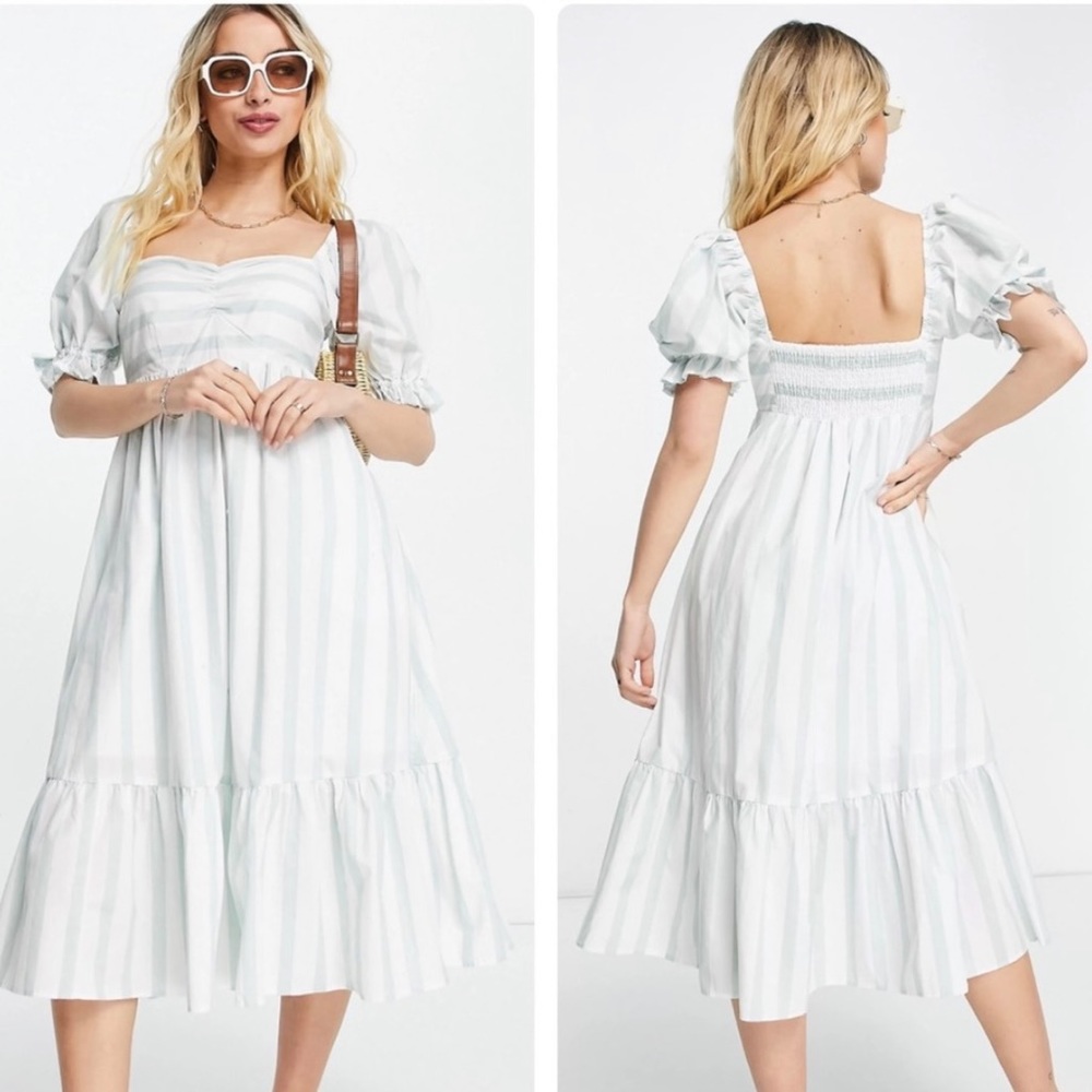 Abercrombie & Fitch puff sleeve midi dress in green and white stripe, Size M